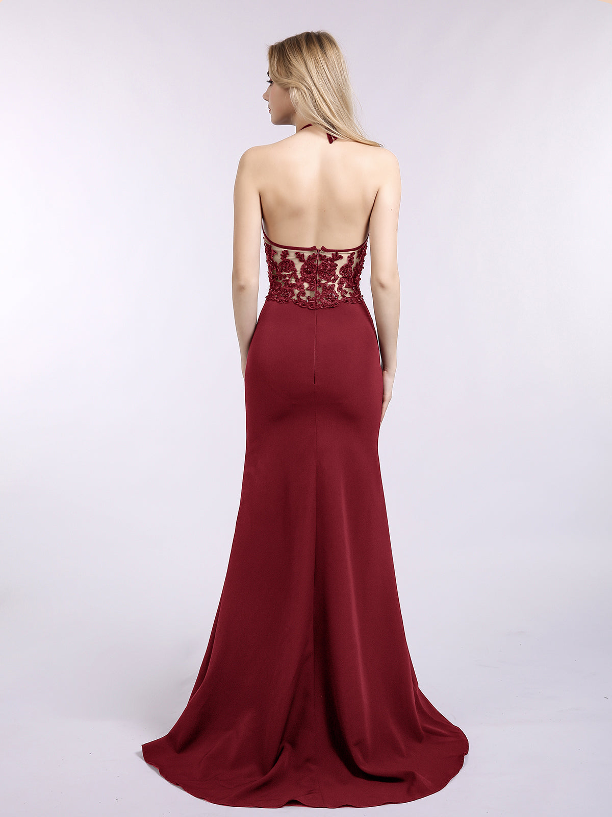 Halter Mermaid Sexy Dress with Slit-Burgundy