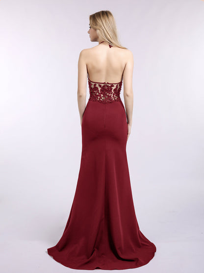 Halter Mermaid Sexy Dress with Slit-Burgundy