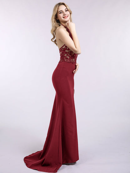 Halter Mermaid Sexy Dress with Slit-Burgundy