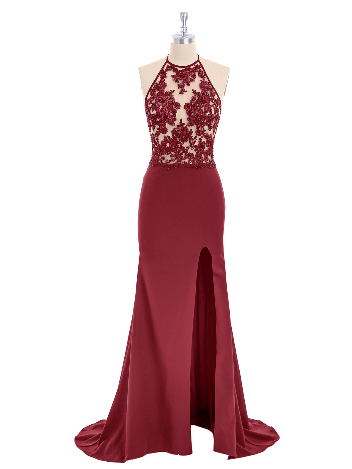 Halter Mermaid Sexy Dress with Slit-Burgundy
