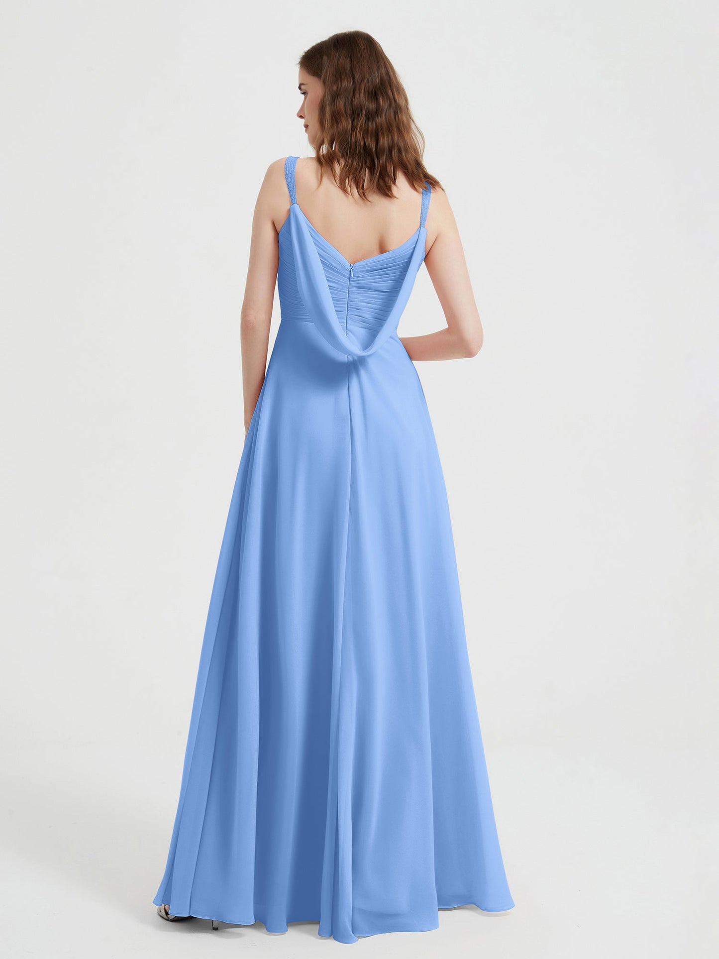 V-neck Chiffon Dresses with Beaded Straps-Blue