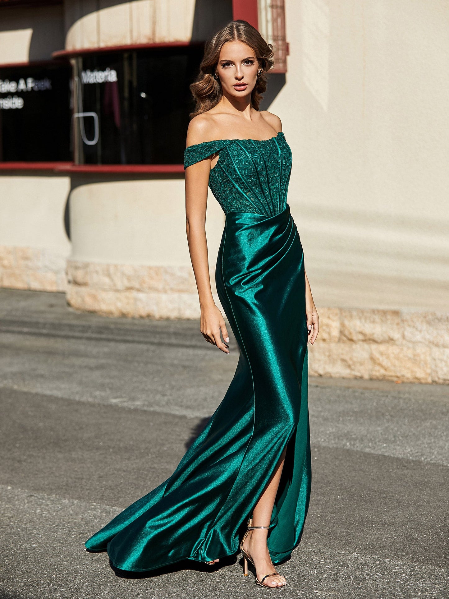 Off Shoulder High Slit Corset Bodice Satin Gown Dark Green