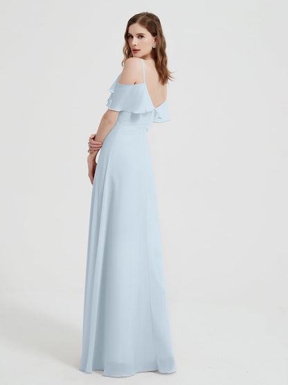 Spaghetti Straps V-neck Chiffon Long Dresses-Mist