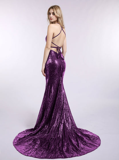 Backless Mermaid Sequins Gown with Train-Grape