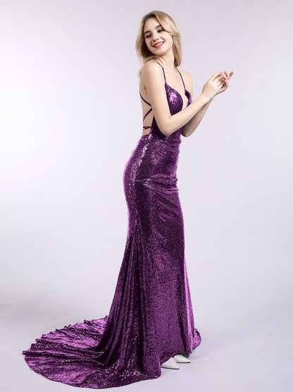 Backless Mermaid Sequins Gown with Train-Grape