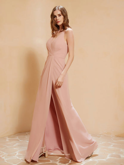 V-neck Floor-length Dress With Silt Dusty Rose