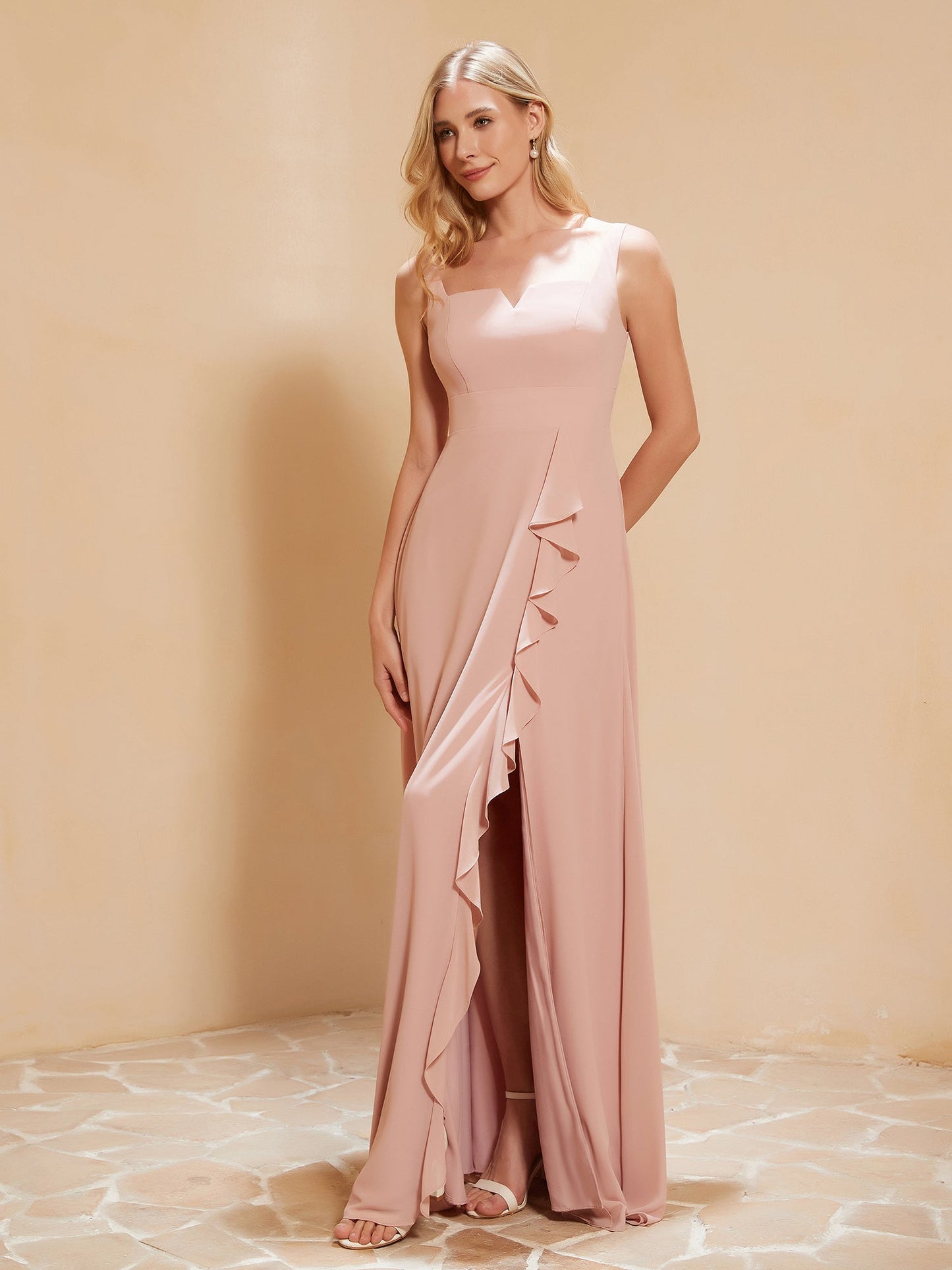 Square Neckline Ruffle Backless Chiffon A-line Dress Dusty Rose