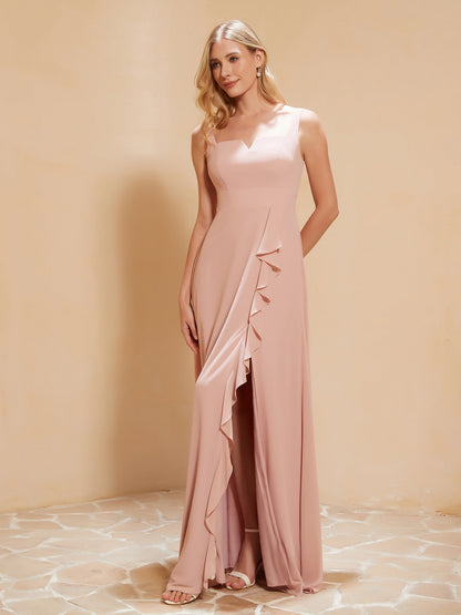 Square Neckline Ruffle Backless Chiffon A-line Dress Dusty Rose