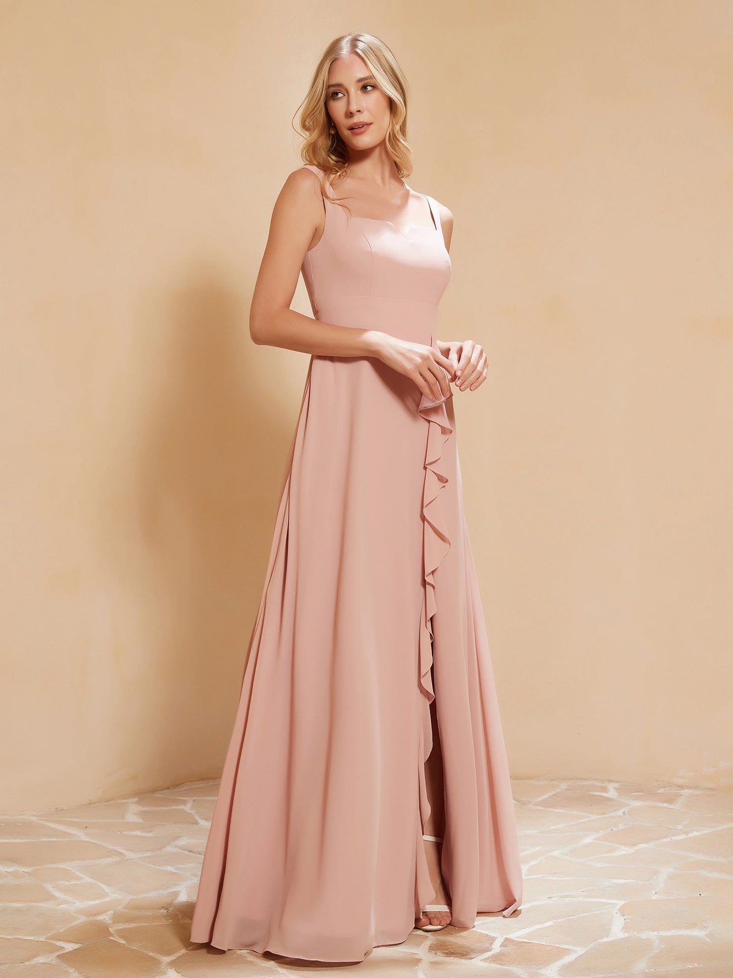 Square Neckline Ruffle Backless Chiffon A-line Dress Dusty Rose