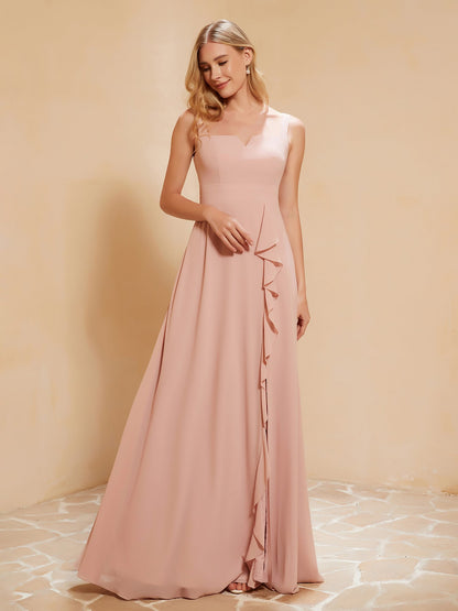 Square Neckline Ruffle Backless Chiffon A-line Dress Dusty Rose