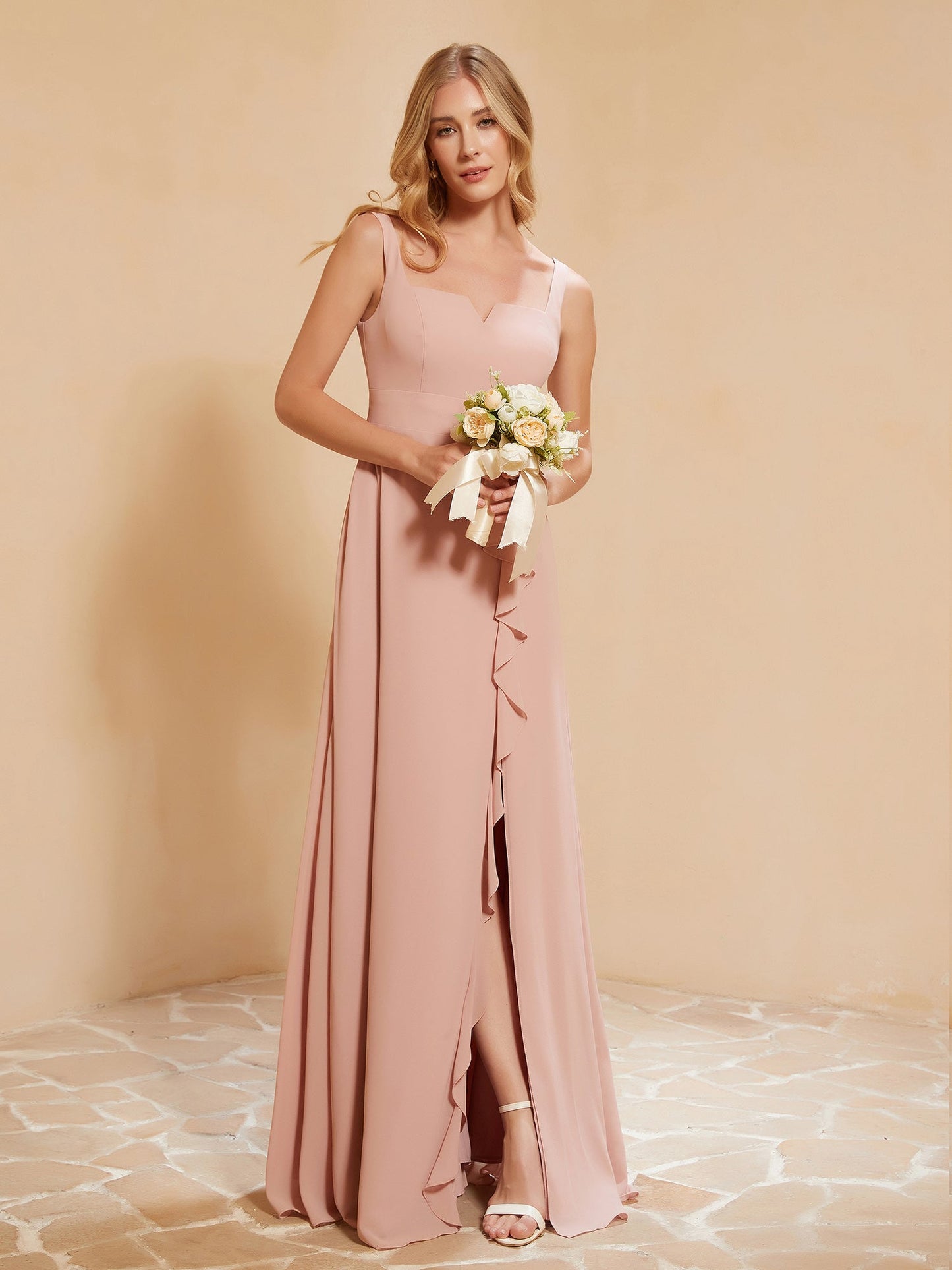 Square Neckline Ruffle Backless Chiffon A-line Dress Dusty Rose