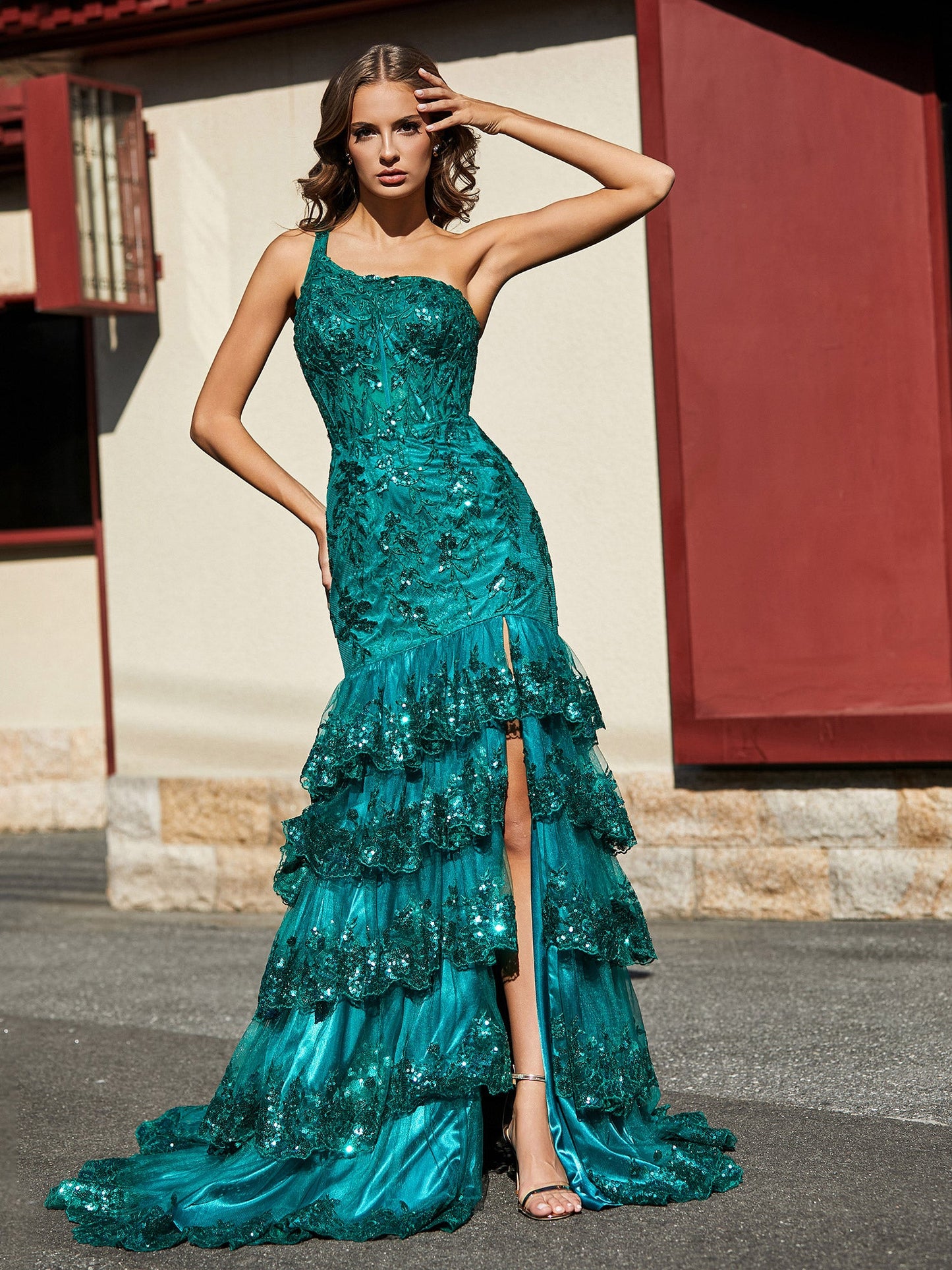 One Shoulder Ruffle Tiered Tulle Gown Dark Green