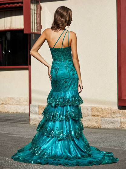 One Shoulder Ruffle Tiered Tulle Gown Dark Green