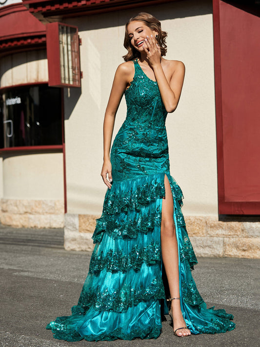 One Shoulder Ruffle Tiered Tulle Gown Dark Green
