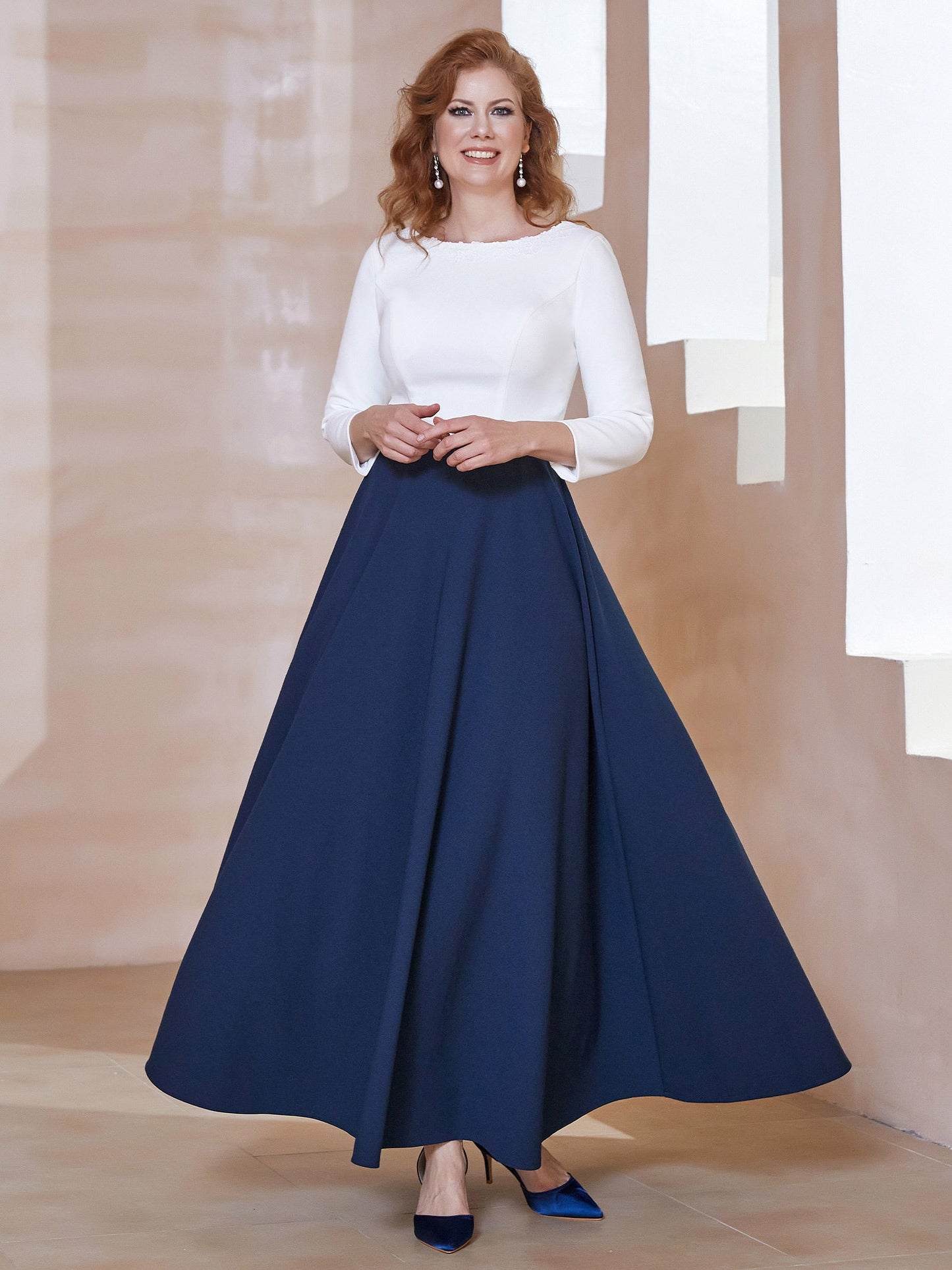 Elegant Scoop Neckline Tea-Length Dress Dark Navy
