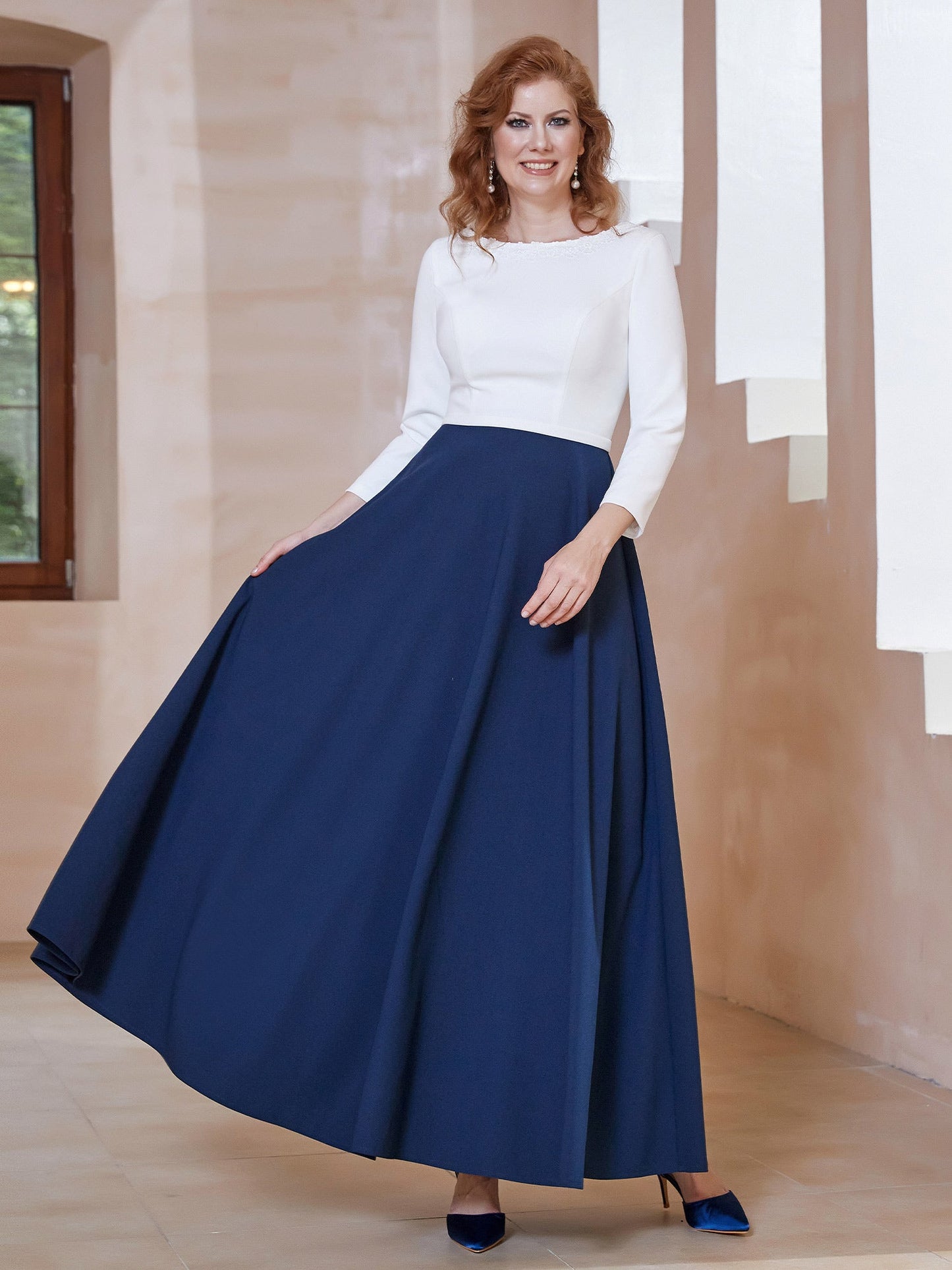 Elegant Scoop Neckline Tea-Length Dress Dark Navy