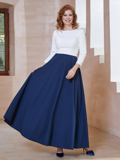 Elegant Scoop Neckline Tea-Length Dress Dark Navy