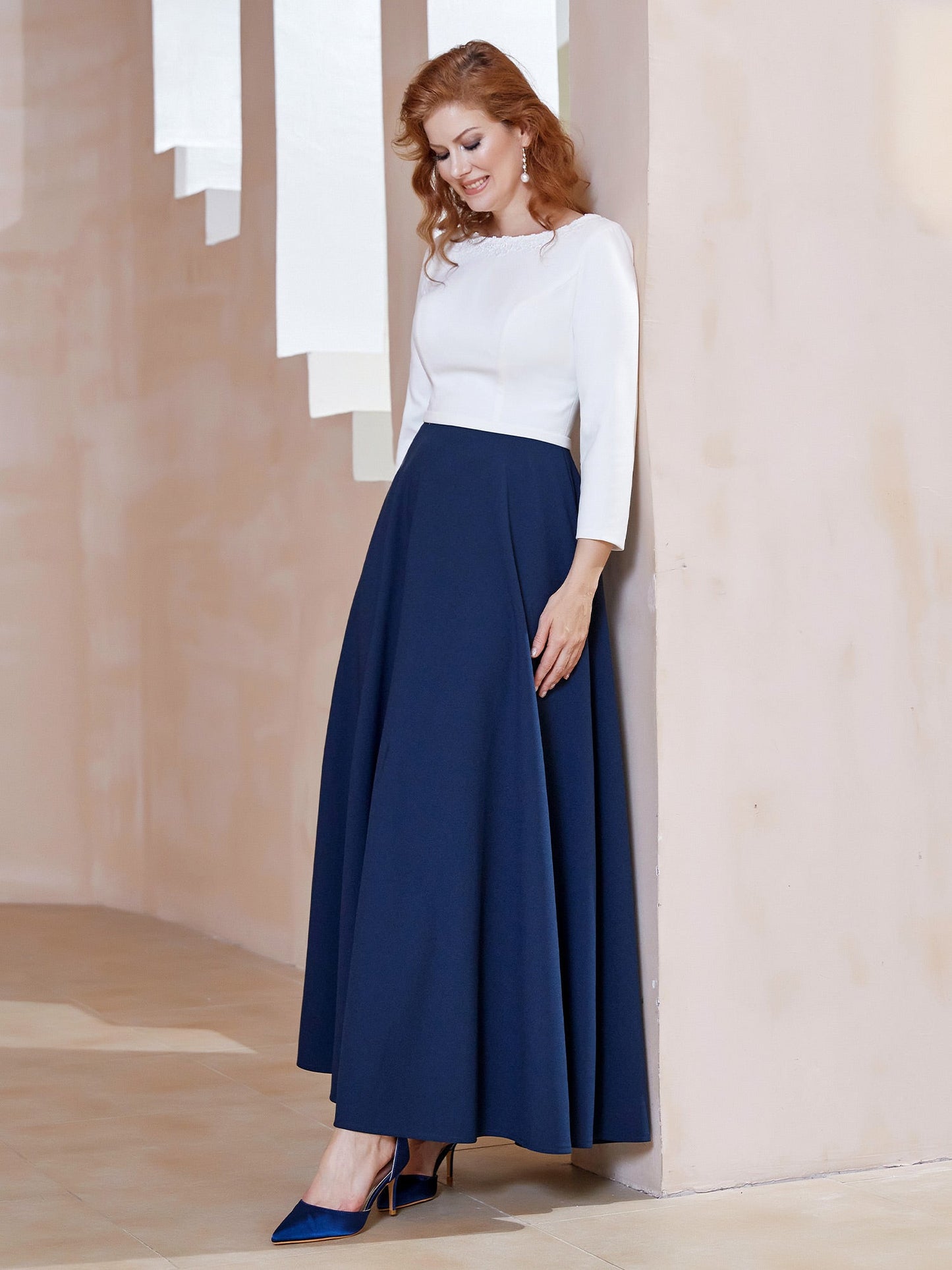 Elegant Scoop Neckline Tea-Length Dress Dark Navy