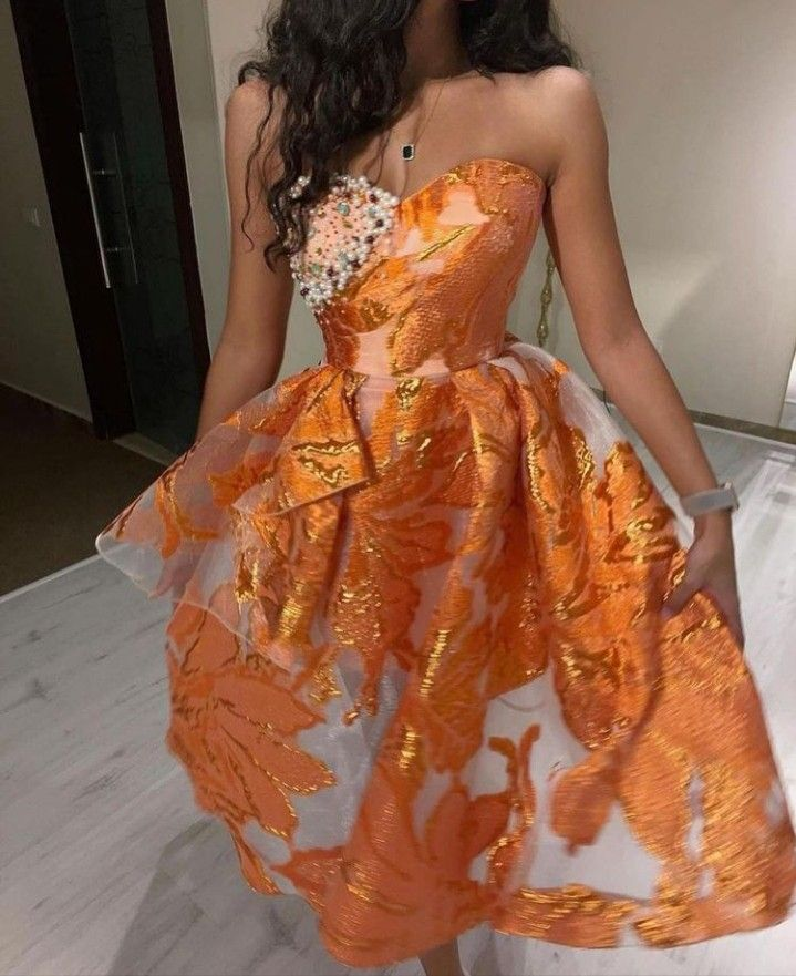Luxurious Orange Tulle Print Floral Homecoming Dress Strapless Pearls Short Prom Dress cc2399