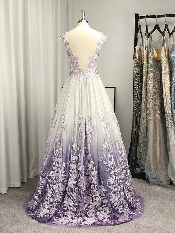 A-Line/Princess V-neck Tulle Applique Sleeveless Floor-Length Dresses - RongMoon