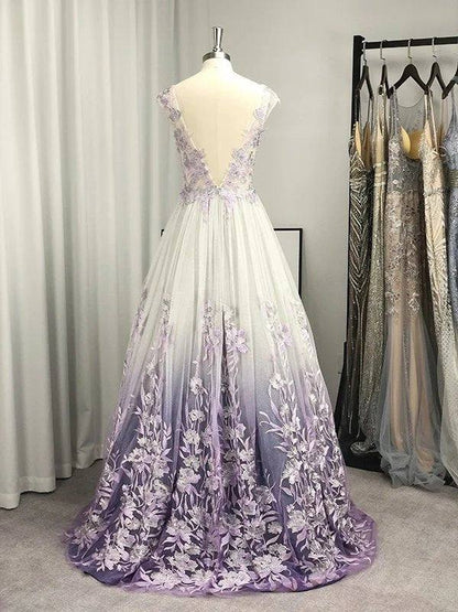 A-Line/Princess V-neck Tulle Applique Sleeveless Floor-Length Dresses - RongMoon