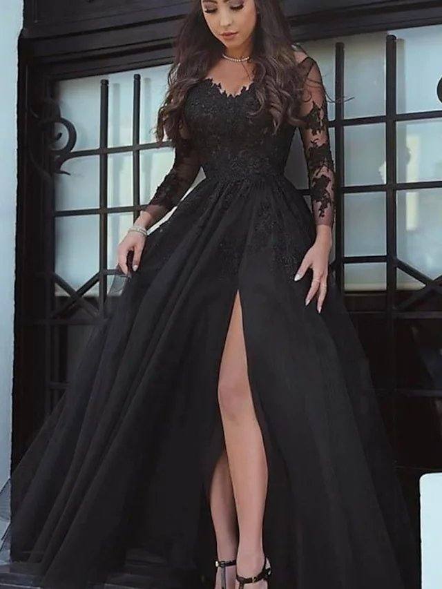 A-Line Sexy Floral Wedding Guest Formal Evening Dress V Neck Long Sleeve Floor Length Lace Tulle with Split Lace Insert - RongMoon