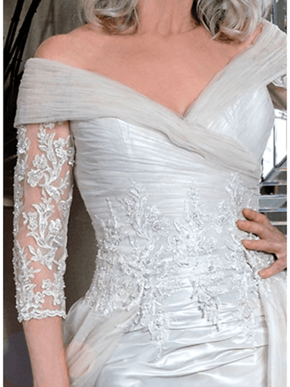 Sheath / Column Mother of the Bride Dress Elegant Off Shoulder Knee Length Lace Satin Tulle 3/4 Length Sleeve with Pleats Appliques - RongMoon