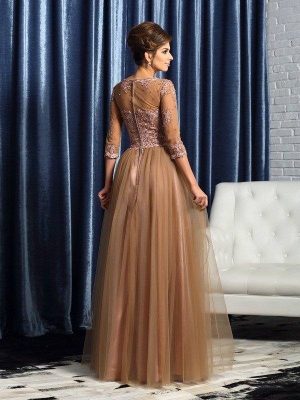 A-Line/Princess Scoop 3/4 Sleeves Long Elastic Woven Satin Mother of the Bride Dresses - RongMoon