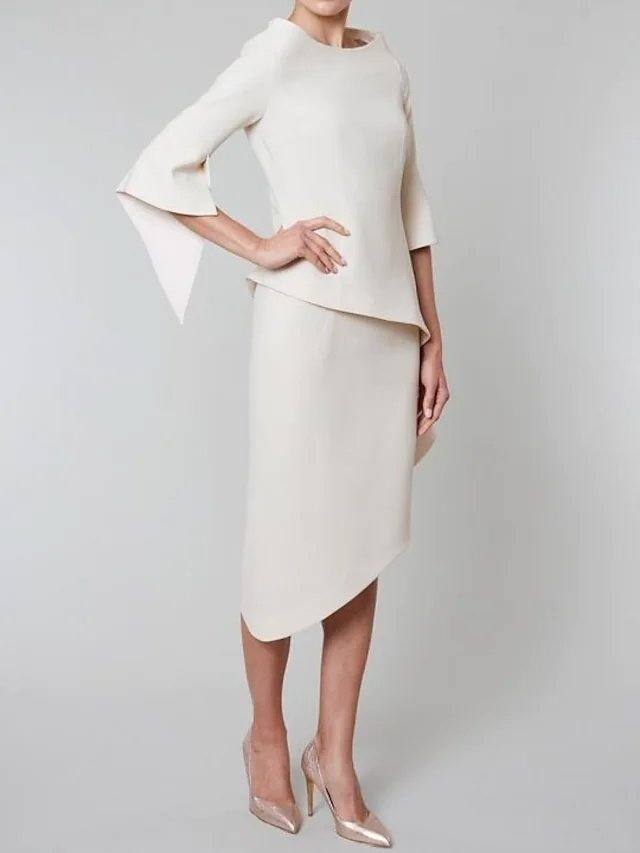 Sheath / Column Mother of the Bride Dress Elegant Jewel Neck Asymmetrical Satin 3/4 Length Sleeve with Cascading Ruffles - RongMoon