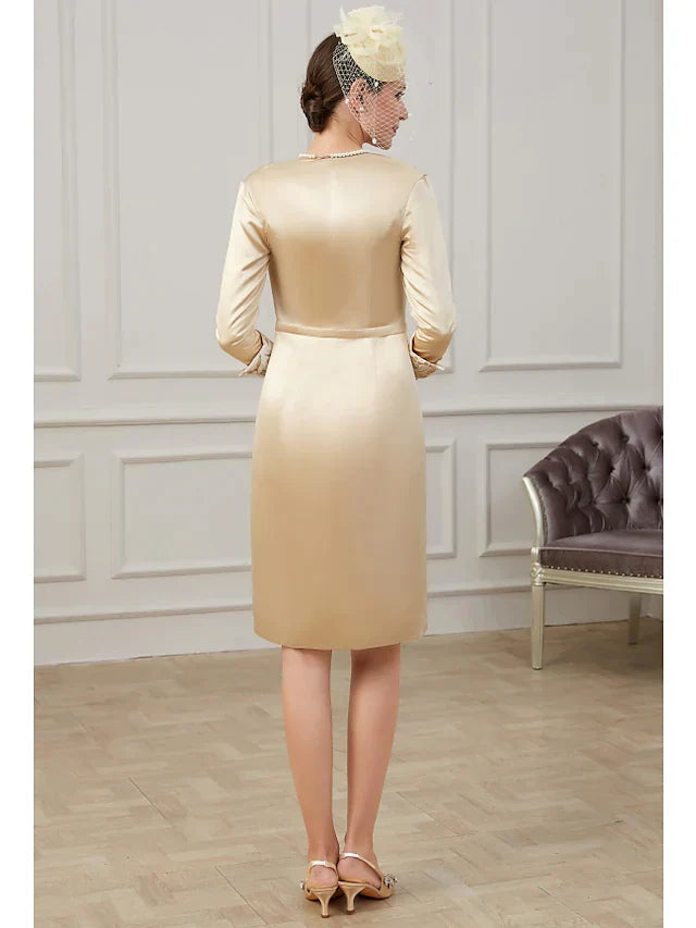 Mother of the Bride Dress Plus Size Jewel Neck Knee Length Lace Polyester 3/4 Length Sleeve with Lace Appliques Ruching