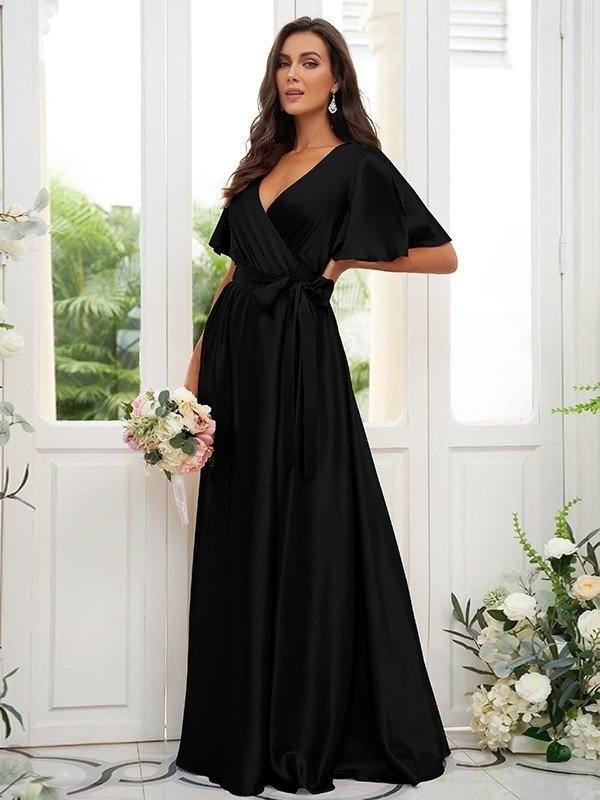 A-Line/Princess Silk like Satin Sash/Ribbon/Belt V-neck Short Sleeves Floor-Length Bridesmaid Dresses - RongMoon