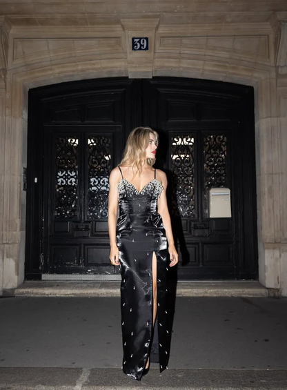 Gorgeous Spaghetti Straps Satin Beaded Slit Evening Dress,Black Prom Party Dress cc2695