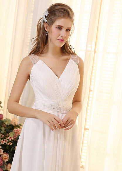 Junoesque A-Line V-neck Sleeveless Beadings Pleated Chiffon  Wedding Dresses