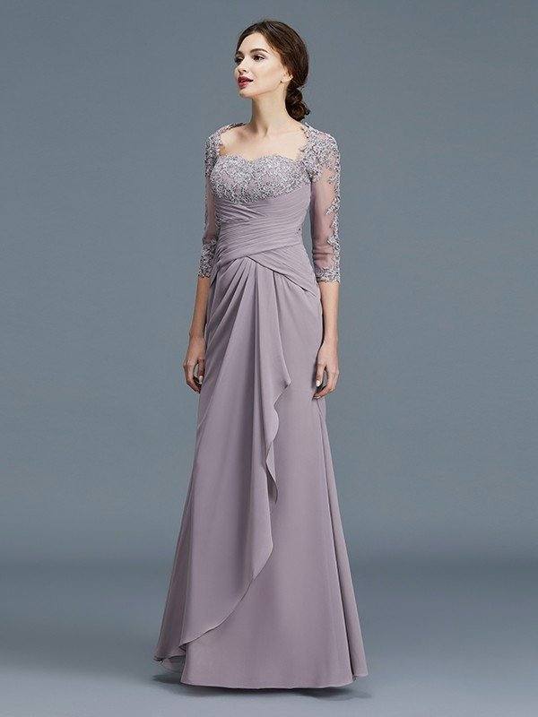 Sheath/Column 3/4 Sleeves Sweetheart Ruffles Chiffon Floor-Length Mother of the Bride Dresses - RongMoon