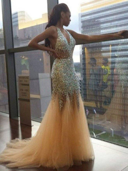 Trumpet/Mermaid Halter Sleeveless Tulle Sequin Court Train Dresses - RongMoon