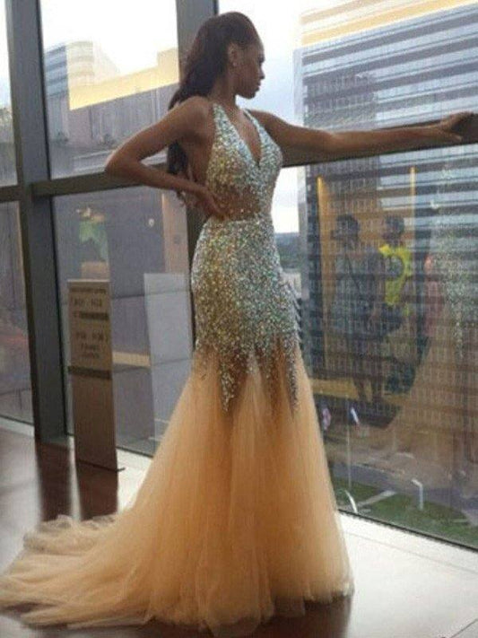 Trumpet/Mermaid Halter Sleeveless Tulle Sequin Court Train Dresses - RongMoon