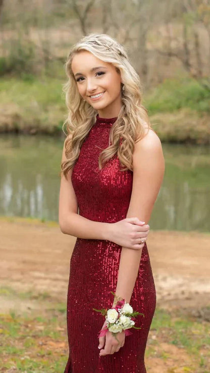 Burgundy Sequins Mermaid Long Prom Dress Sleeveless Sparkly Evening Dress Wholesale