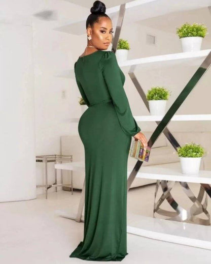 Green Evening Dresses Sheath V-neck Long Sleeves Slit Long Turkey Dubai Saudi Arabic Evening Gown Prom Dresses - RongMoon