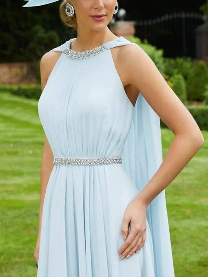Two Piece Sheath / Column Mother of the Bride Dress Elegant Jewel Neck Ankle Length Chiffon Sleeveless with Sash / Ribbon Pleats Beading - RongMoon