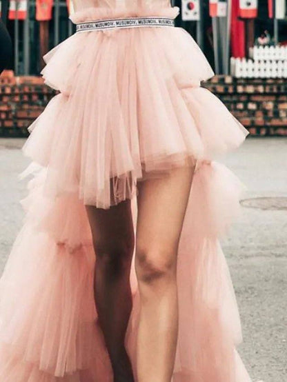 Two Piece Convertible Elegant Holiday Prom Dress High Neck Long Sleeve Sweep / Brush Train Tulle with Pleats Ruffles - RongMoon