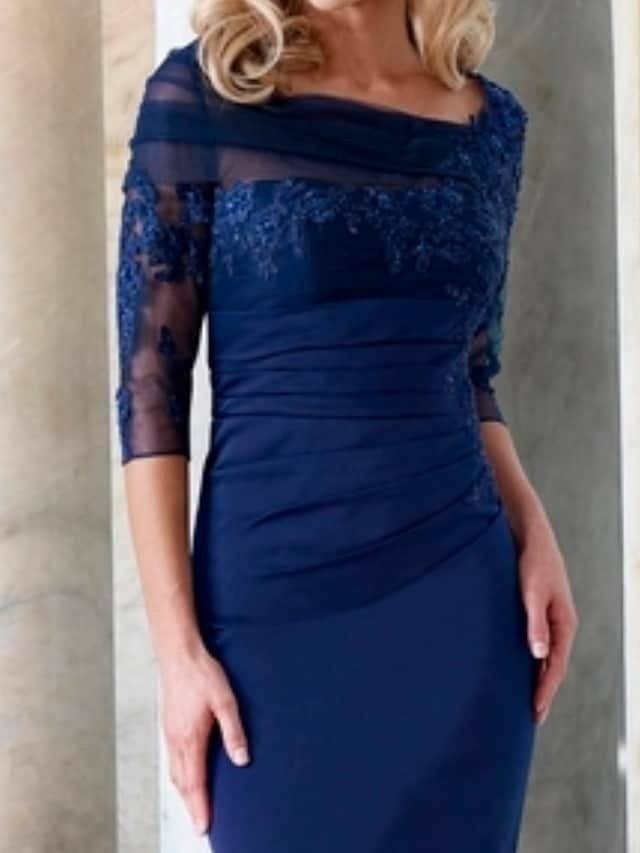 Sheath / Column Mother of the Bride Dress Elegant Bateau Neck Floor Length Lace Satin 3/4 Length Sleeve with Lace Appliques - RongMoon