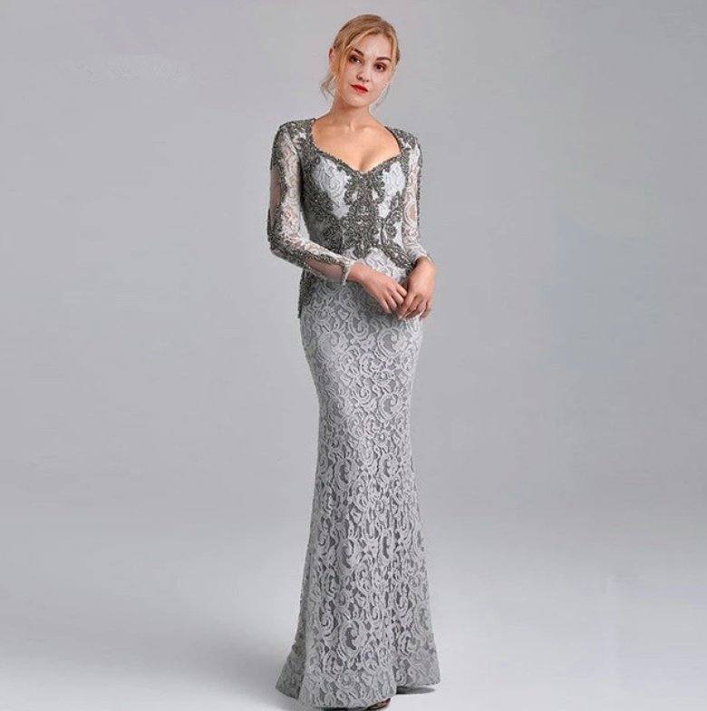 Gray Mother Of The Bride Dresses Mermaid V-neck Long Sleeves Lace Beaded Long Wedding Party Dress Mother Dress For Wedding - RongMoon