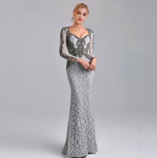 Gray Mother Of The Bride Dresses Mermaid V-neck Long Sleeves Lace Beaded Long Wedding Party Dress Mother Dress For Wedding - RongMoon