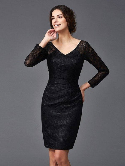 Sheath/Column V-neck Lace Long Sleeves Short Elastic Woven Satin Mother of the Bride Dresses - RongMoon