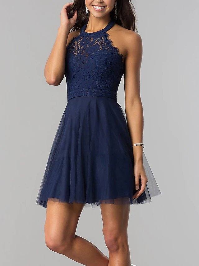 A-Line Hot Beautiful Back Homecoming Cocktail Party Dress Halter Neck Sleeveless Short / Mini Lace Tulle with Lace Insert - RongMoon