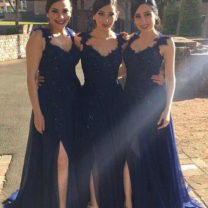Elegant Lace Straps Sweetheart Long Tulle Split Bridesmaid Dresses - RongMoon