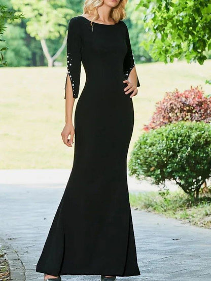 Sheath / Column Mother of the Bride Dress Elegant Jewel Neck Floor Length Stretch Fabric Half Sleeve with Beading - RongMoon