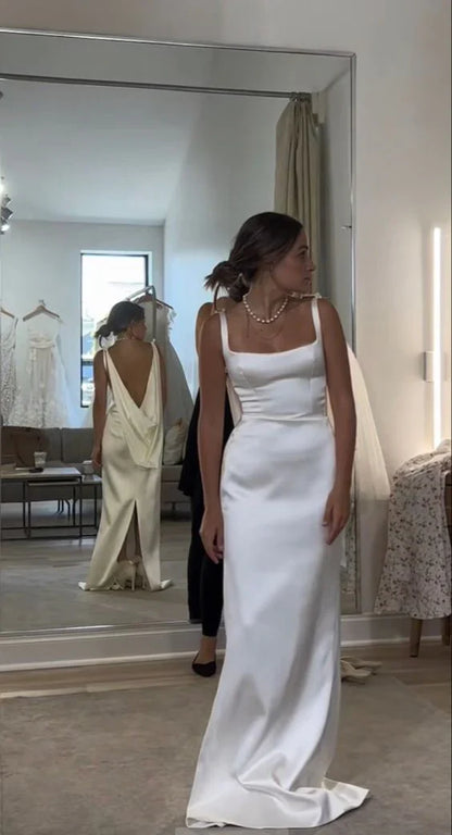 White Straps Sheath Backless Light Wedding Dress Simple Party Dress Formal Dress