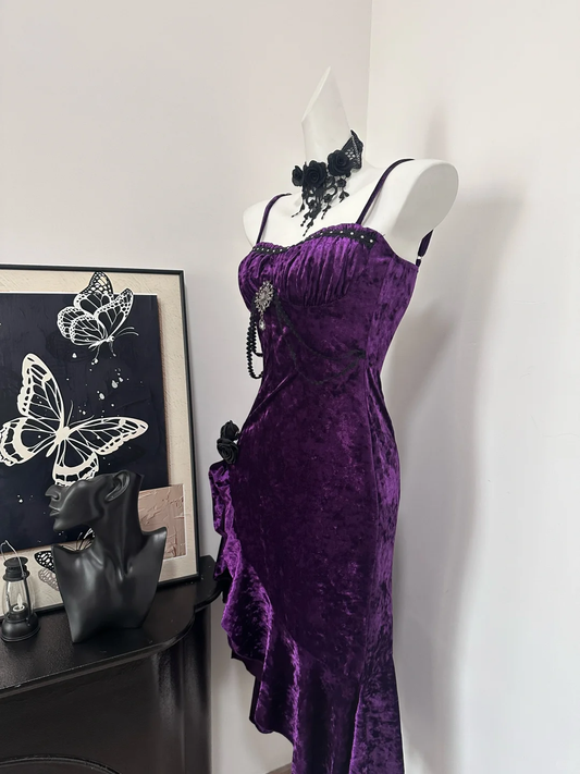 Chic Purple Spaghetti Straps Velvet Ruffles Birthday Outfits Long Party Dress cc3222
