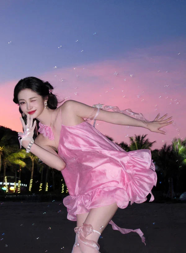 Cute Pink Ruffle Short A-Line Satin Party Dress Cocktail Dress Homecoming Dress HZ1024